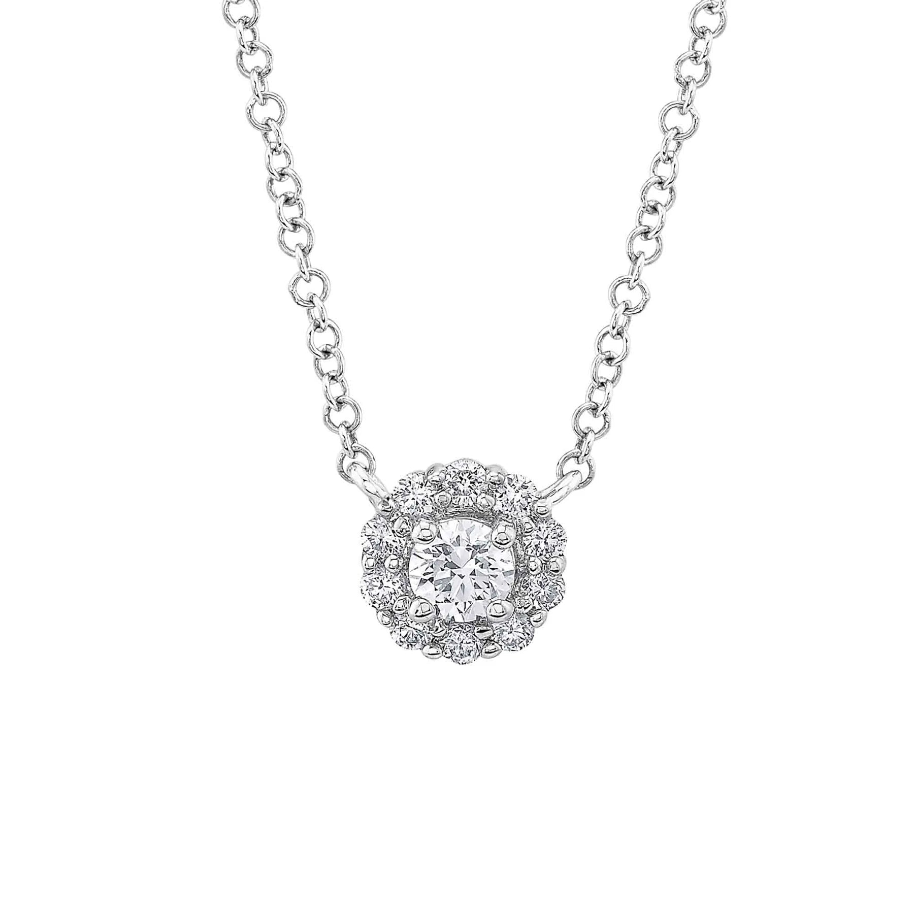 14K White, Yellow, or Rose Gold 0.20 Carat Total Weight Round Diamond Halo Pendant Necklace