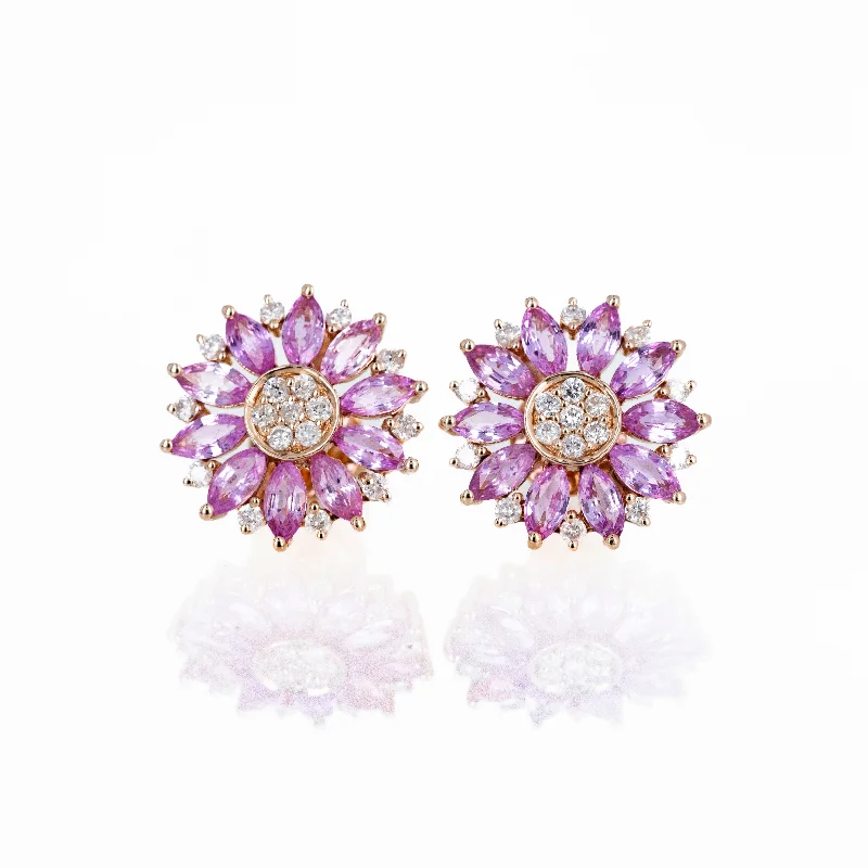 14K Rose Gold Marquise Pink Sapphire Diamond Flower Stud Earrings