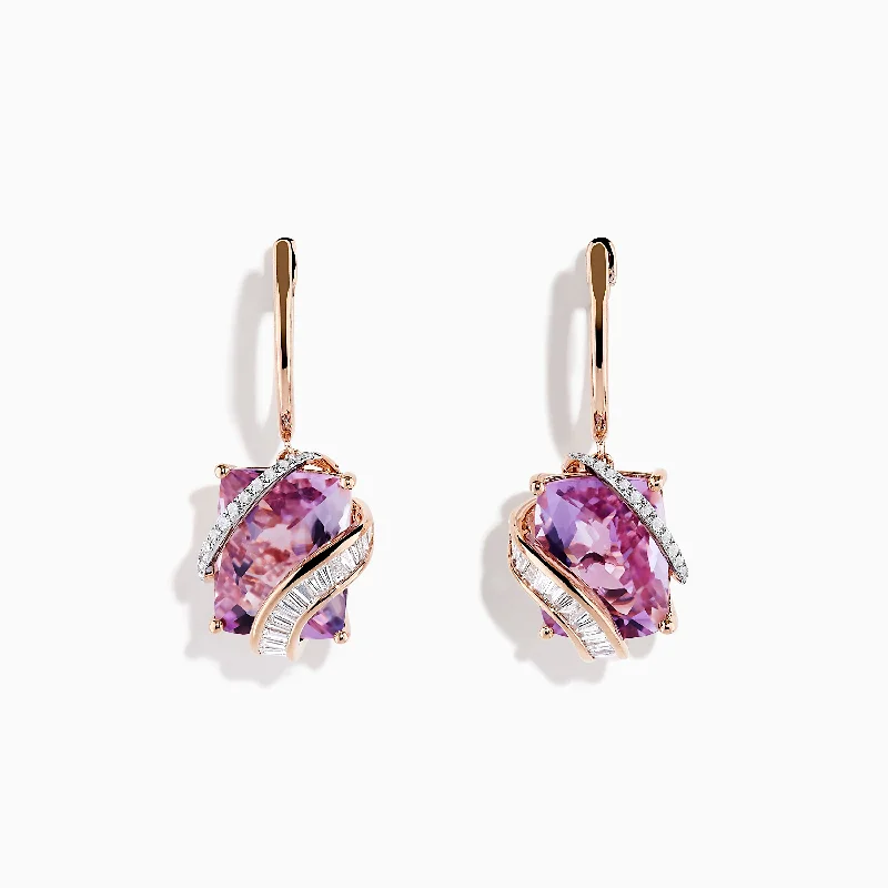 14K Rose Gold Pink Amethyst and Diamond Drop Earrings