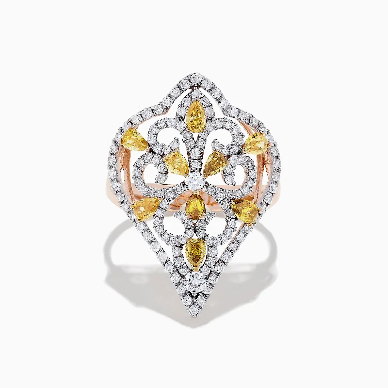 14K Rose Gold Yellow and White Diamond Filagree Ring, 1.55 TCW