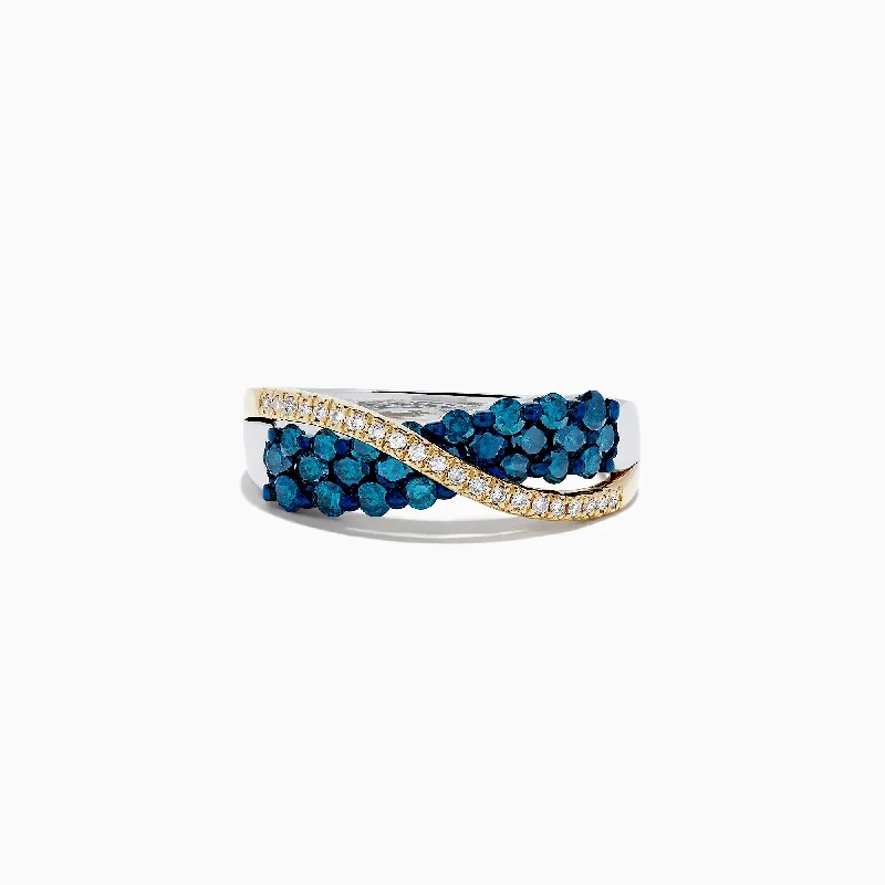 14K Two Tone Gold Blue and White Diamond Crossover Ring, 1.00 TCW