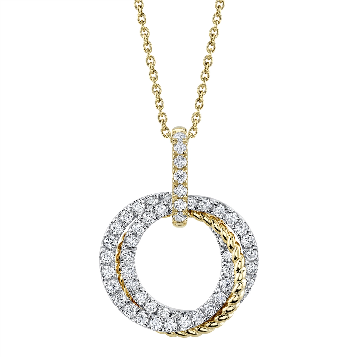 14K White and Yellow Gold Multi Open Circle Diamond Pendant Necklace