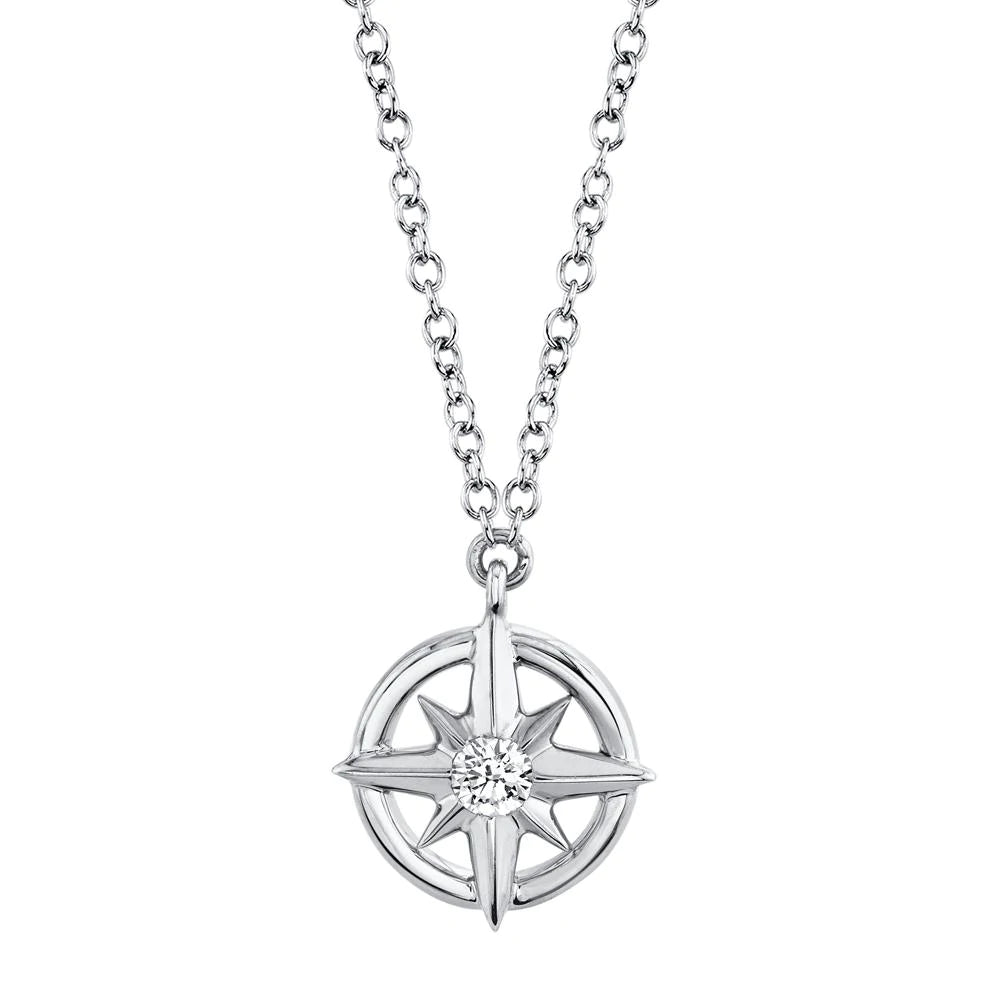 14K White Gold 0.05 Carat Round Diamond Compass Rose Pendant Necklace