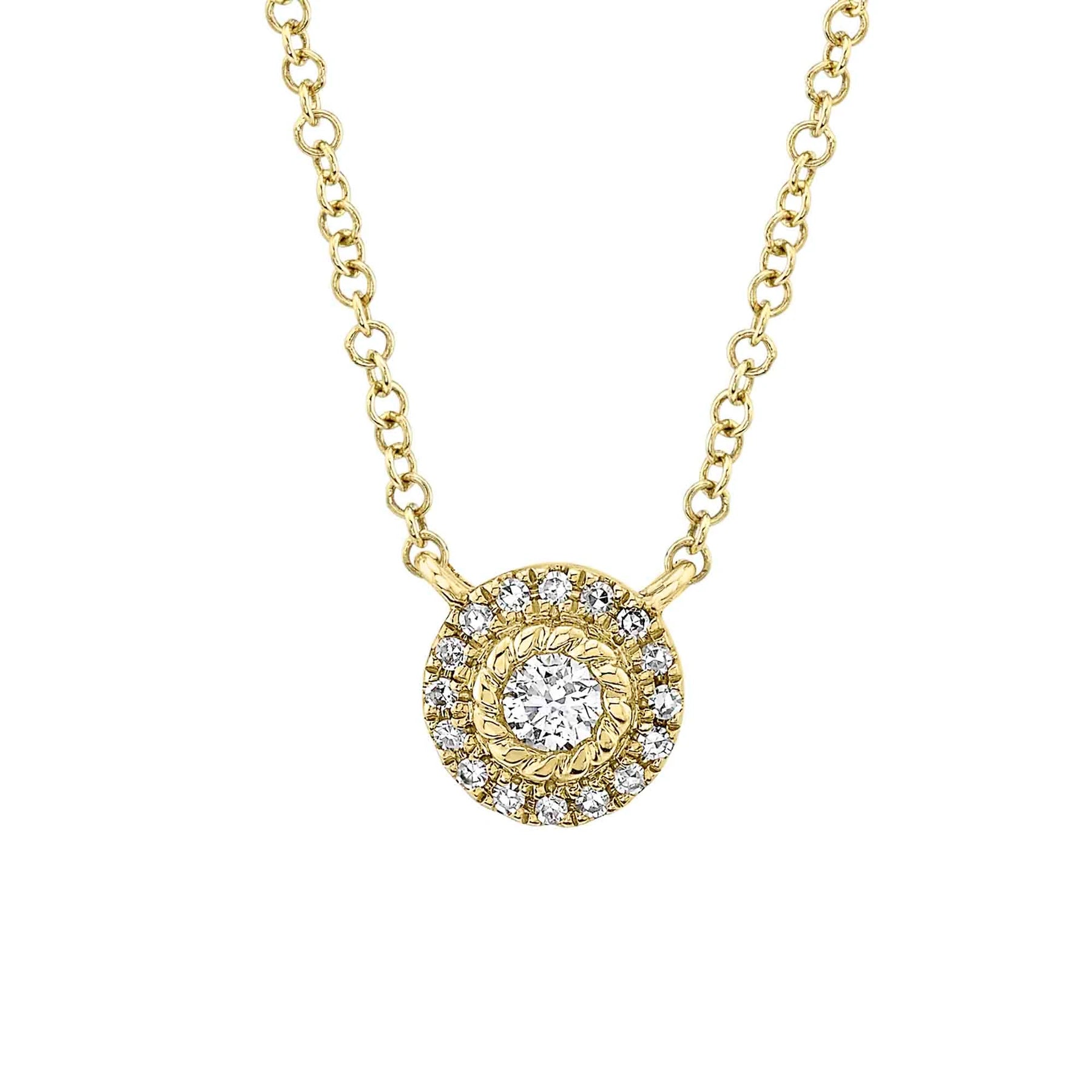 14K Yellow Gold 0.09 Carat Total Weight Round Diamond Halo Pendant Necklace