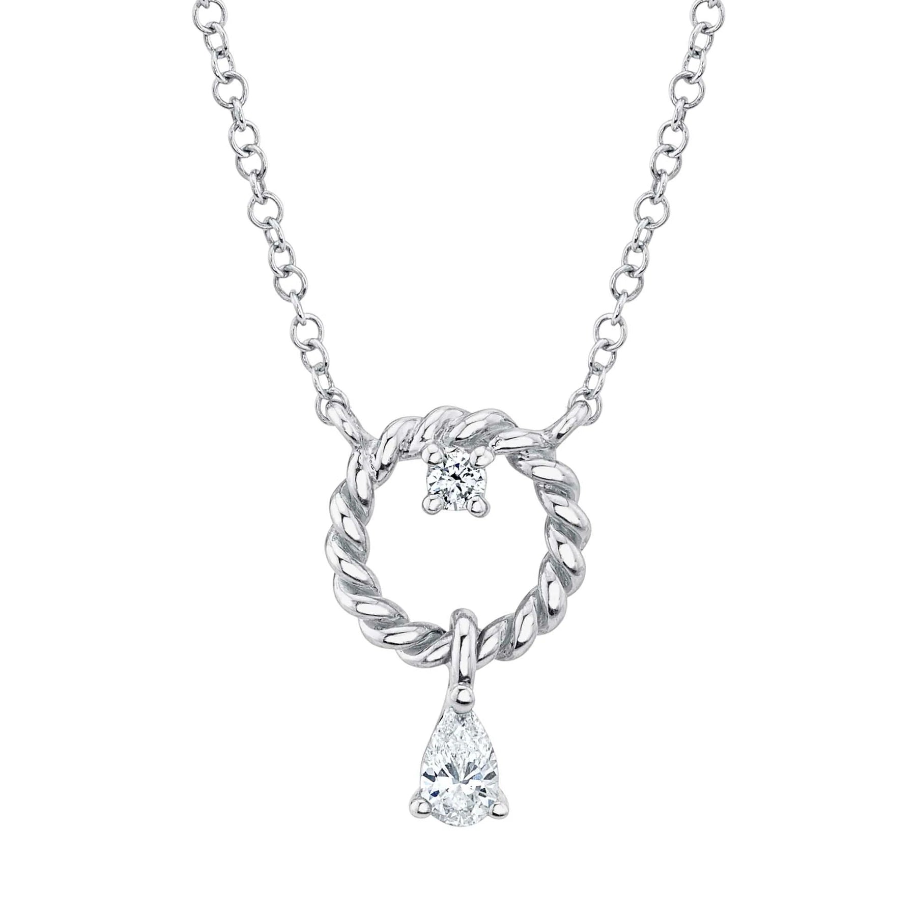 14K White Gold 0.11 Carat Total Weight Diamond Pear Circle Pendant Necklace