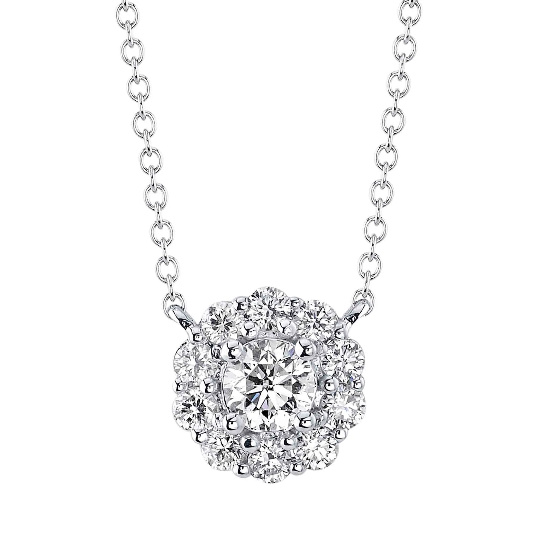 14K White Gold 0.42 Carat Total Weight Round Diamond Halo Pendant Necklace