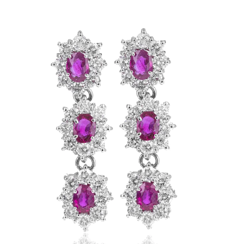 14K White Gold 1.26 Carat Ruby Diamond Halo Drop Earrings