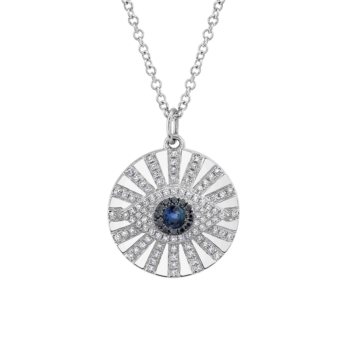 14K White Gold Black and White Diamond and Blue Sapphire Evil Eye Necklace