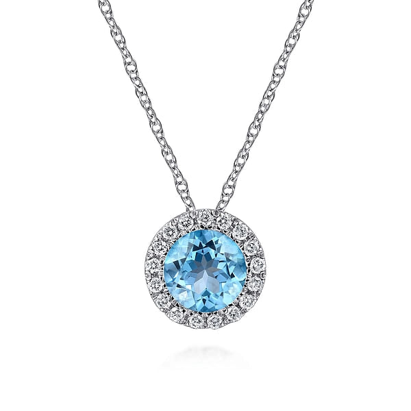 14K White Gold Blue Topaz and Diamond Necklace