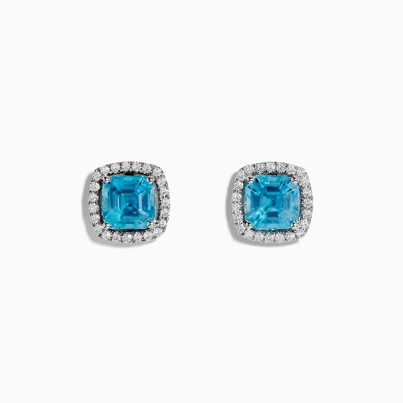 14K White Gold Blue Zircon and Diamond Stud Earrings