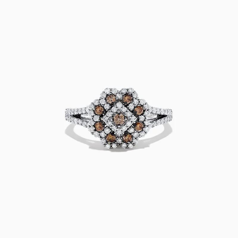 14K White Gold Espresso and White Diamond Flower Ring, 0.70 TCW