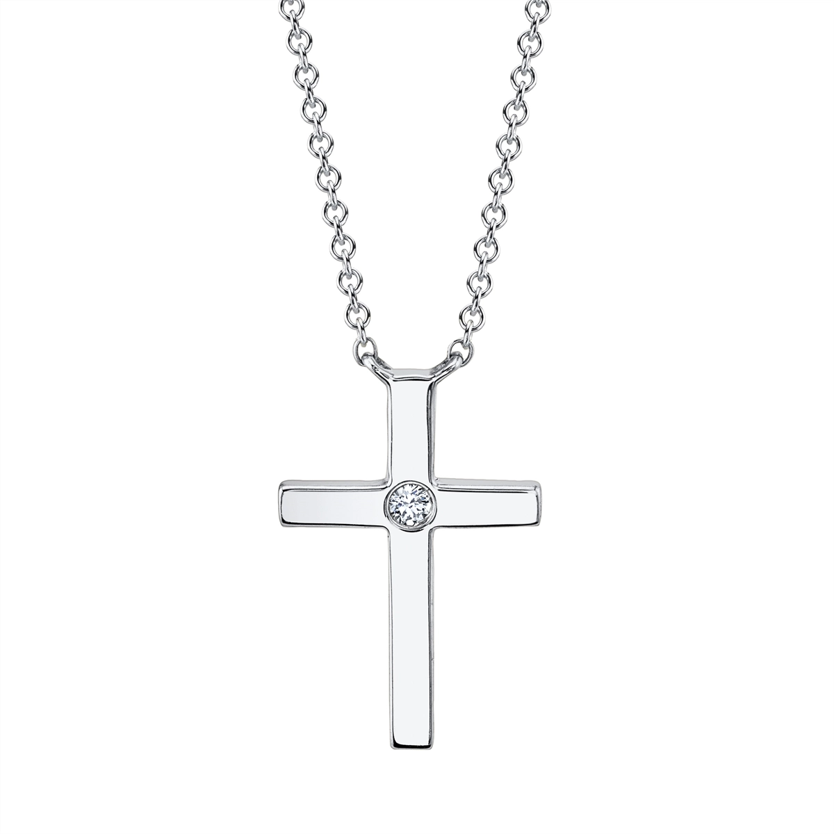 14K White Gold Cross Necklace with Single Bezel Diamond