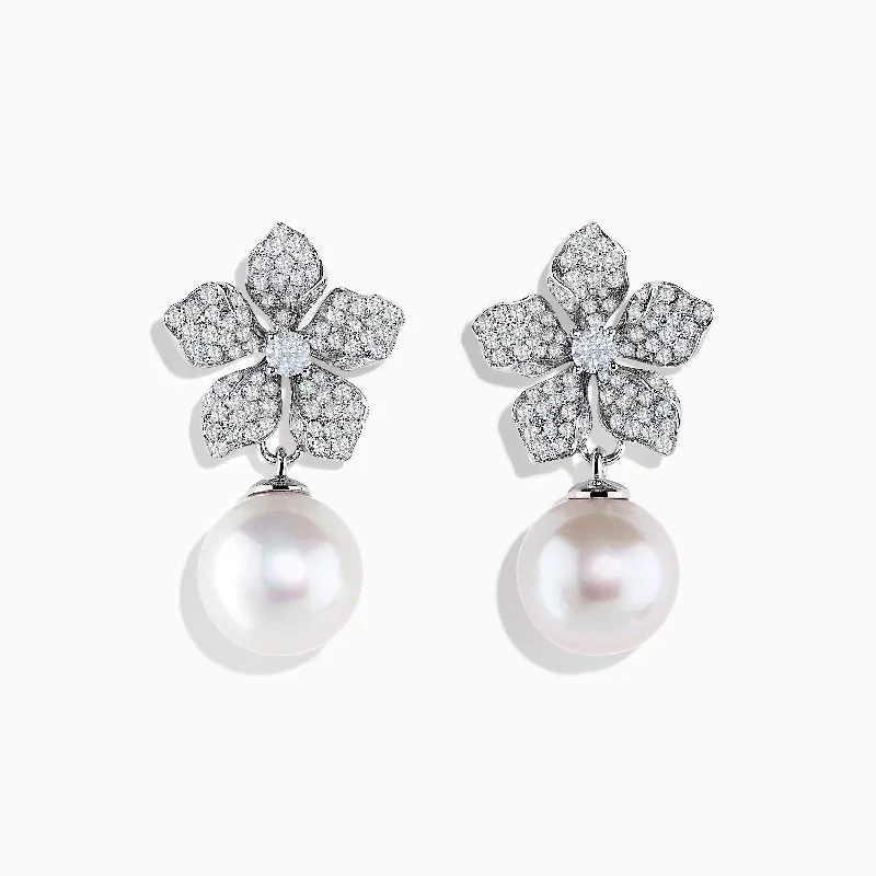 14K White Gold Diamond Flower and Fresh Water Pearl Drop Earrings