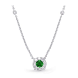 14K White Gold Emerald Pendant with Diamond Halo Necklace