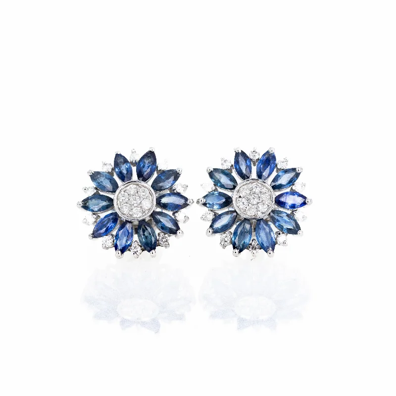 14K White Gold Marquise Blue Sapphire Diamond Flower Stud Earrings