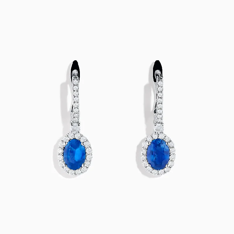 14K White Gold Oval Blue Sapphire and Diamond Drop Earrings