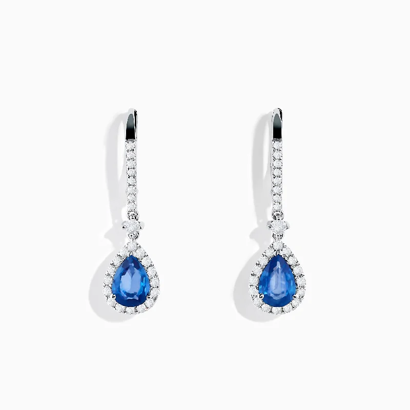 14K White Gold Pear Shape Blue Sapphire and Diamond Drop Earrings