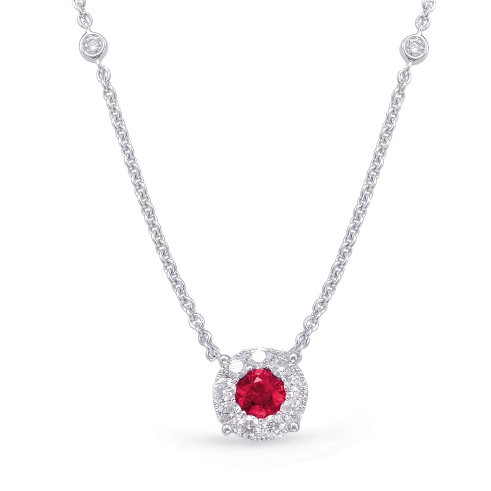 14K White Gold Round Ruby with Diamond Halo Pendant Necklace