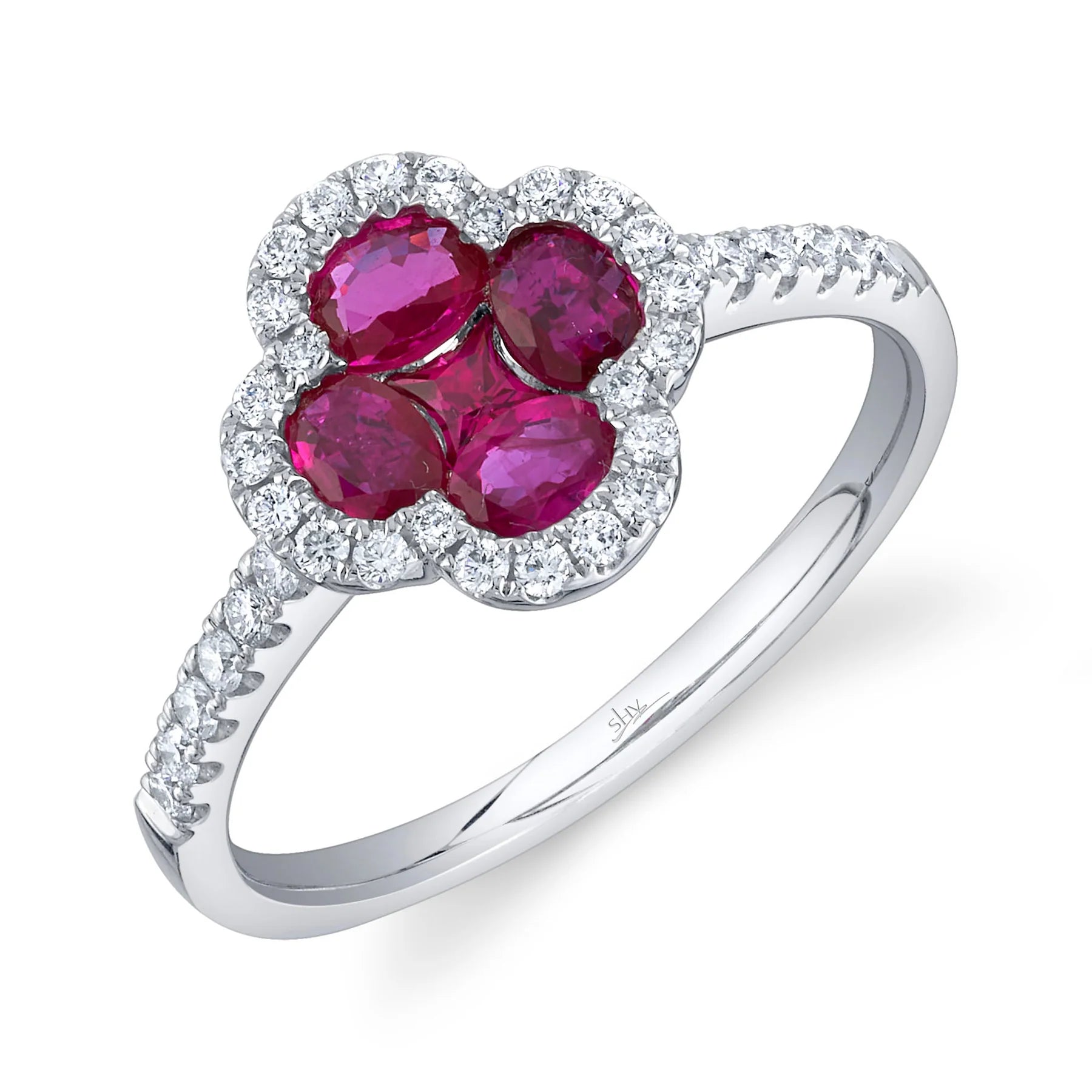 14K White Gold Ruby Diamond Clover Ring