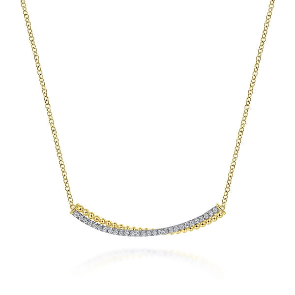 14K Yellow and White Gold Curved Bar Diamond Pendant Necklace