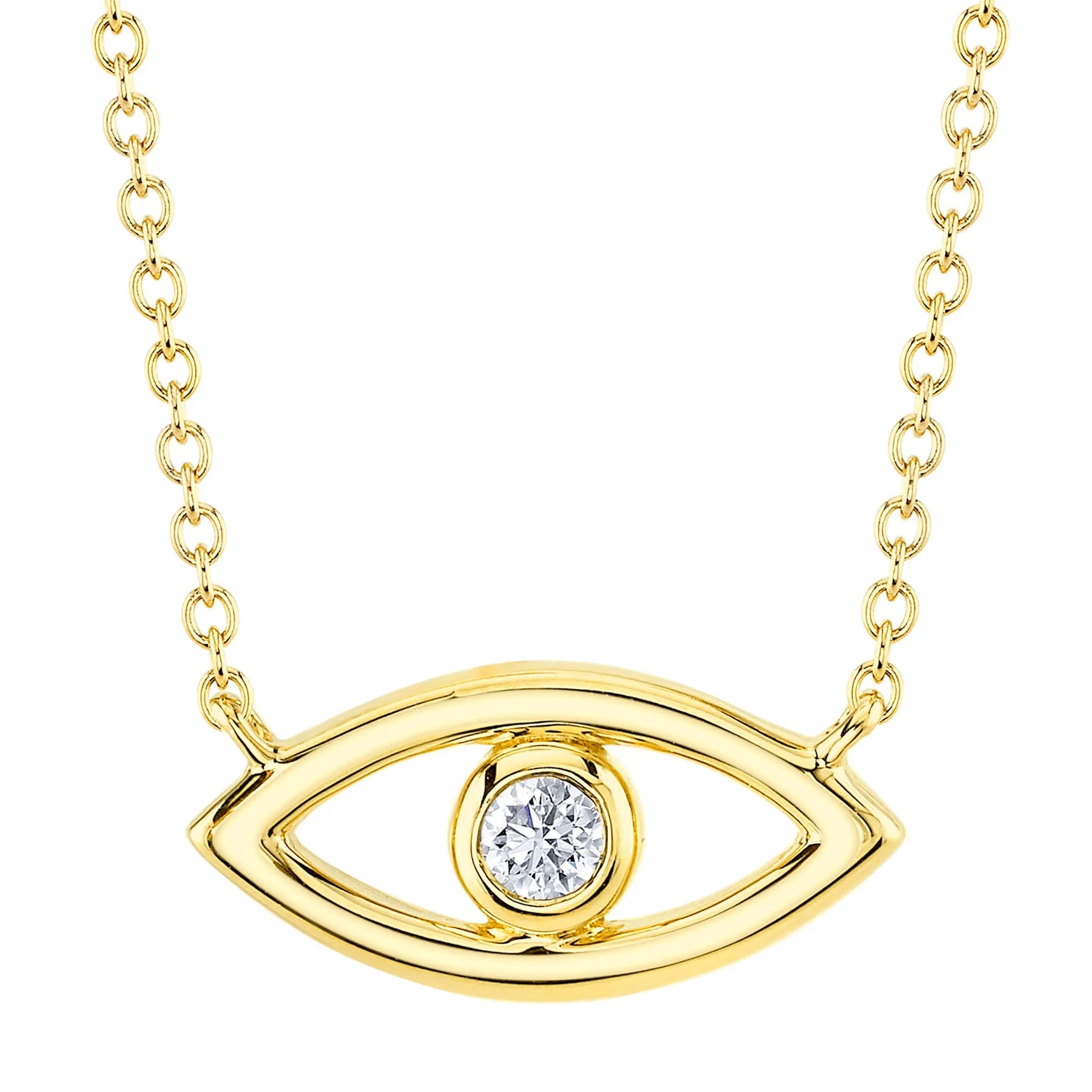 14K Yellow Gold 0.04 Carat Diamond Bezel Evil Eye Pendant Necklace