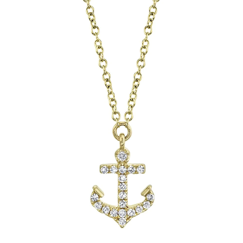 14K Yellow Gold 0.07 Carat Total Weight Diamond Mini Anchor Pendant Necklace