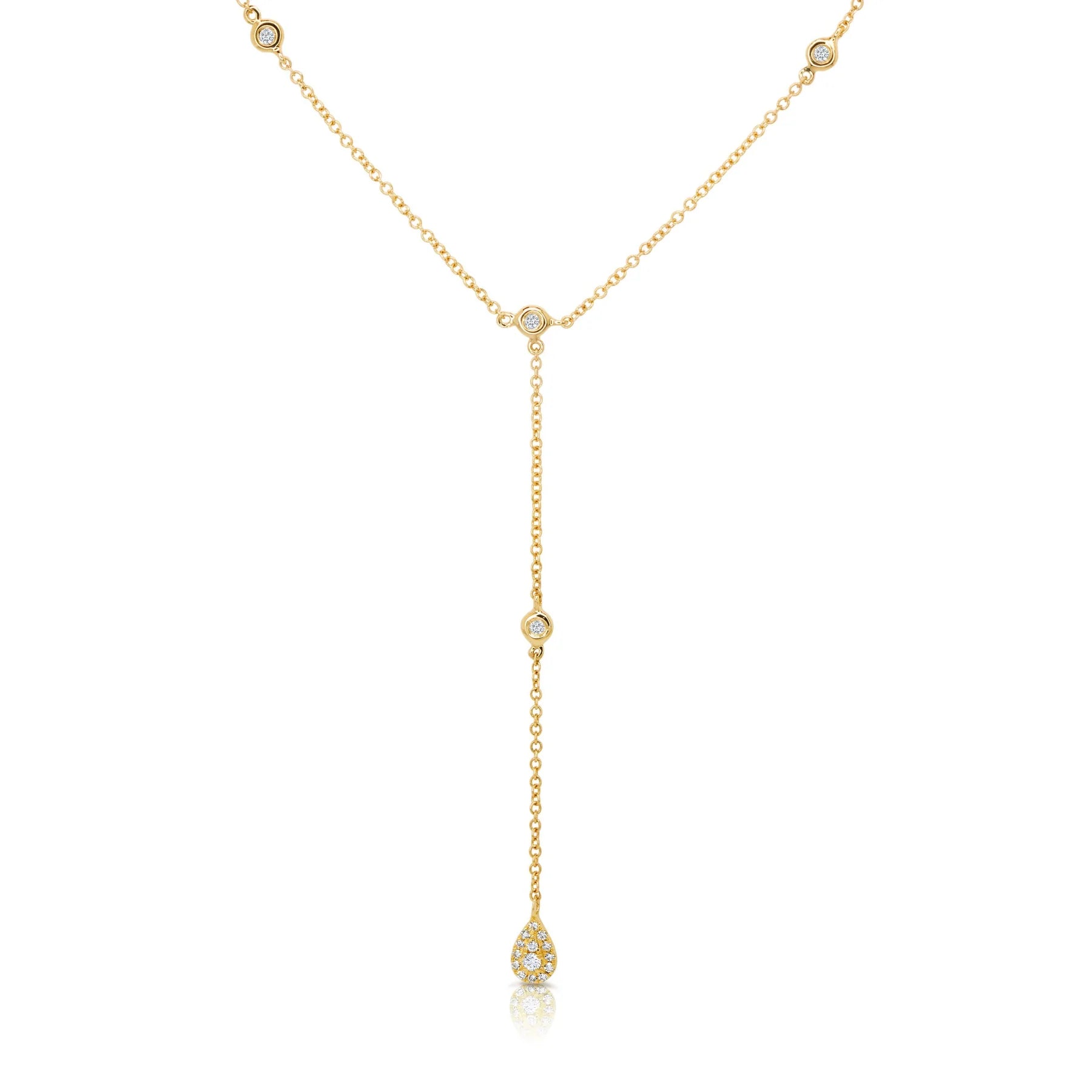 14K Yellow Gold 0.32 Carat Total Weight Round Diamond Bezel Station Lariat Necklace