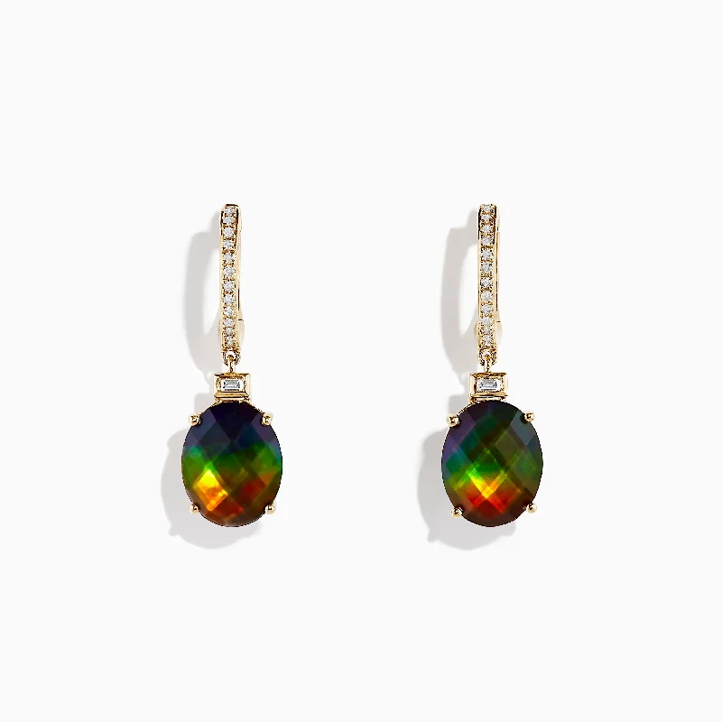 14K Yellow Gold Ammolite and Diamond Drop Earrings