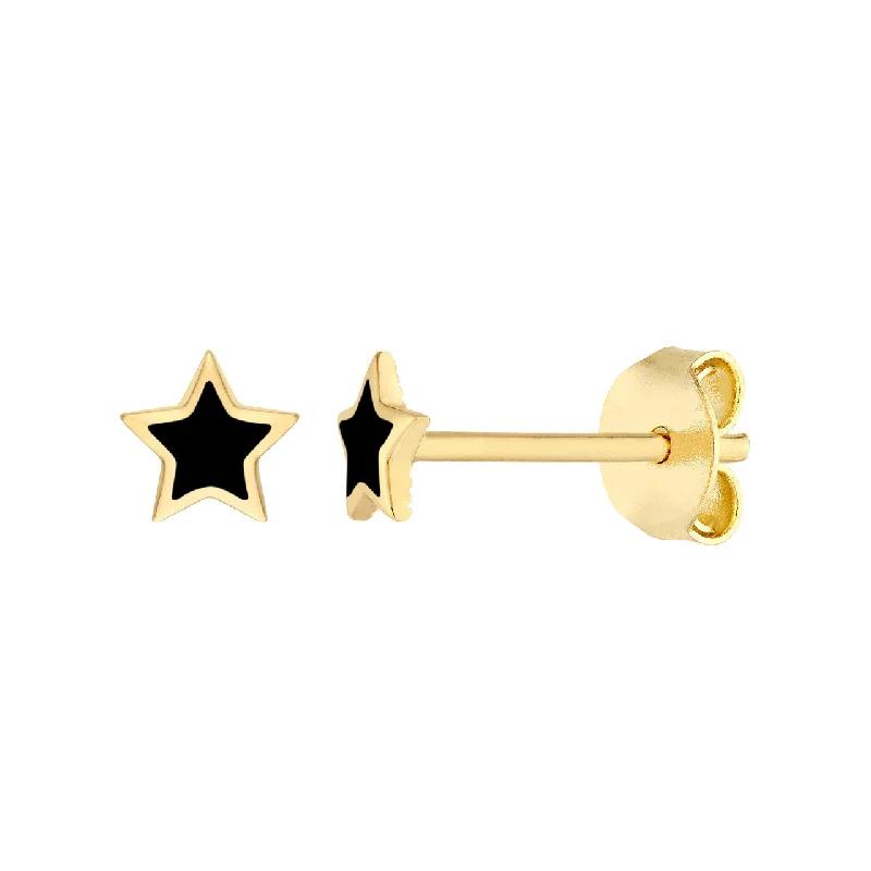 14K Yellow Gold Black Enamel Star Stud Earrings