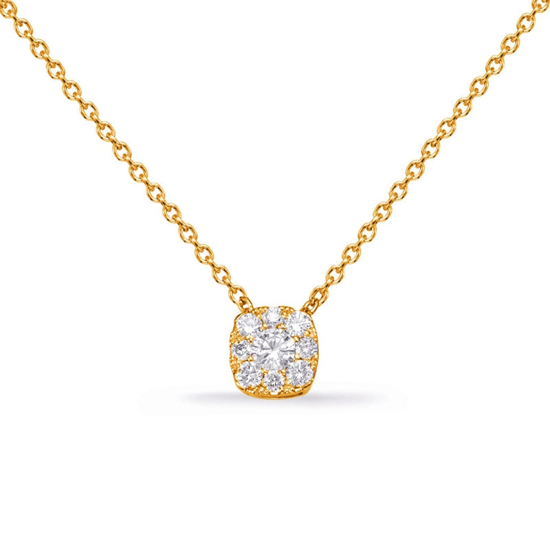 14K Yellow Gold Diamond Cluster Pendant Necklace, Cushion Design, 16-18IN