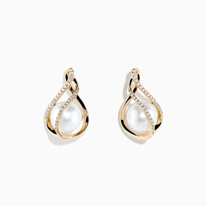 14K Yellow Gold Diamond Fresh Water Pearl Drop Earrings