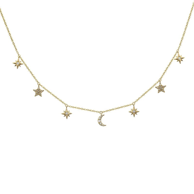 14K Yellow Gold Diamond Moon and Stars Station Necklace