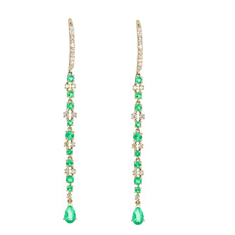 14K Yellow Gold Emerald Diamond Pear Long Drop Earrings