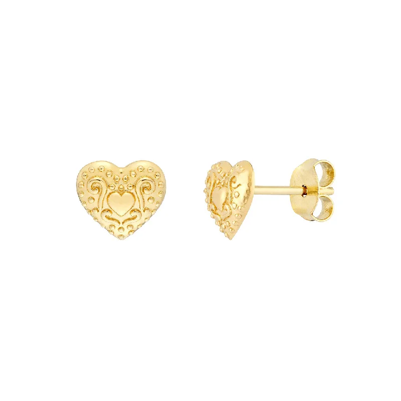 14K Yellow Gold Heart Pattern Stud Earrings