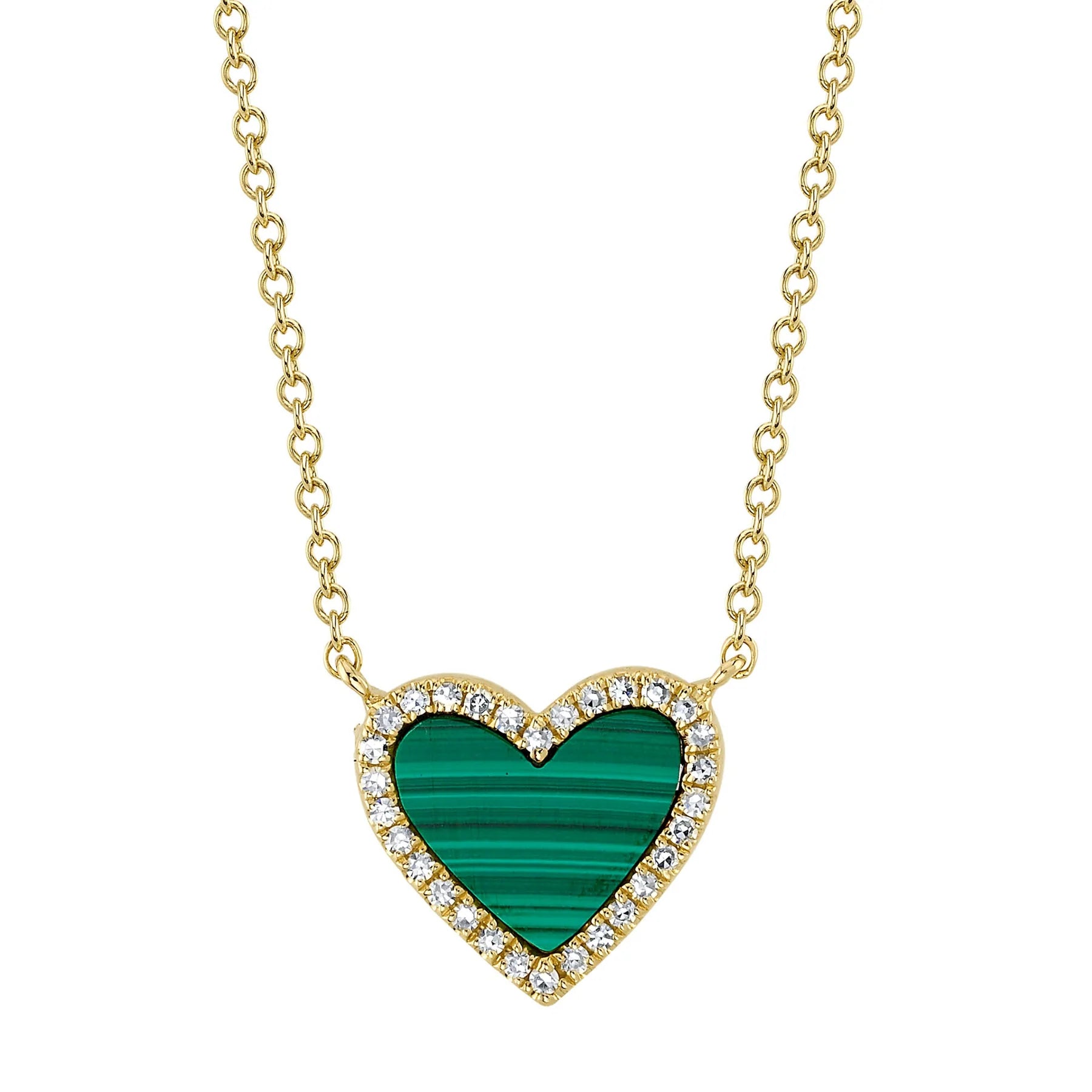 14K Yellow Gold Malachite & Diamond Halo Heart Pendant Necklace