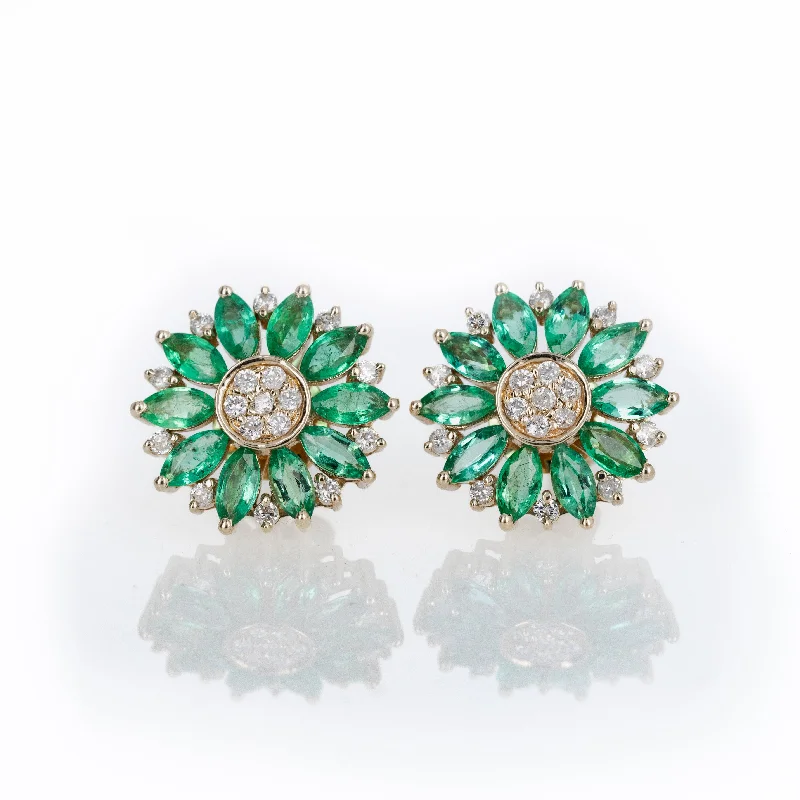 14K Yellow Gold Marquise Emerald Diamond Flower Stud Earrings