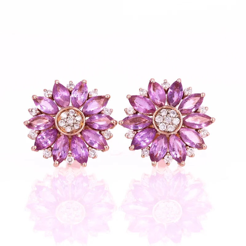 14K Rose Gold Marquise Pink Sapphire Diamond Flower Stud Earrings