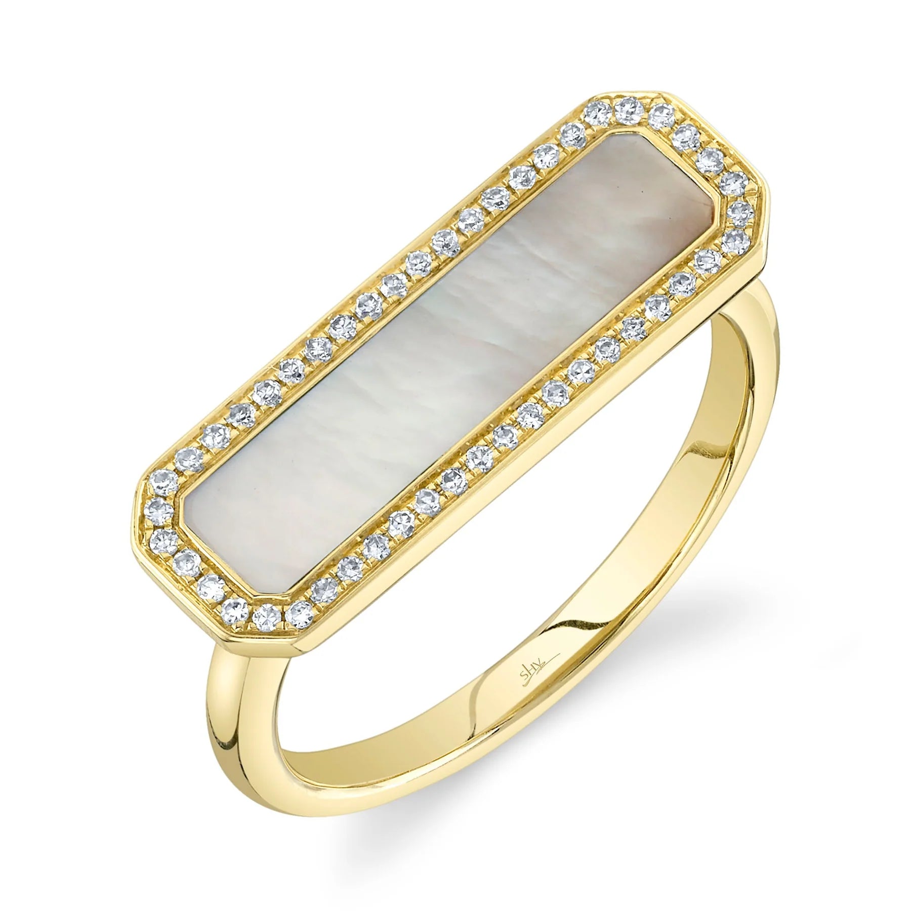 14K Yellow Gold Mother of Pearl Diamond Bar Ring