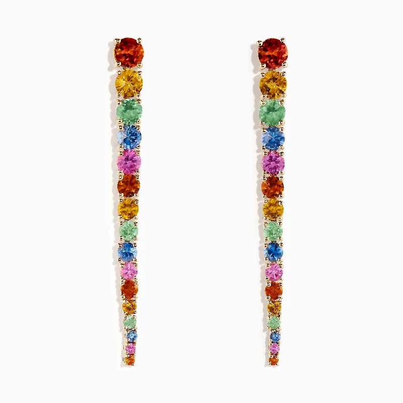 14K Yellow Gold Multi Sapphire Linear Drop Earrings