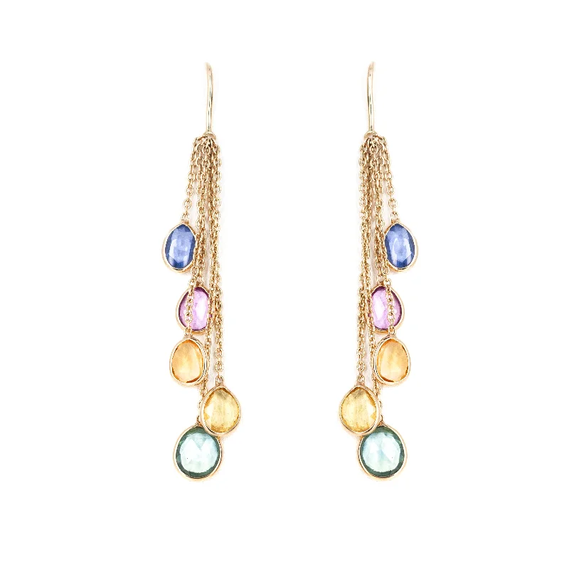 14K Yellow Gold Multi-Color Sapphire Bezel Chain Drop Earrings