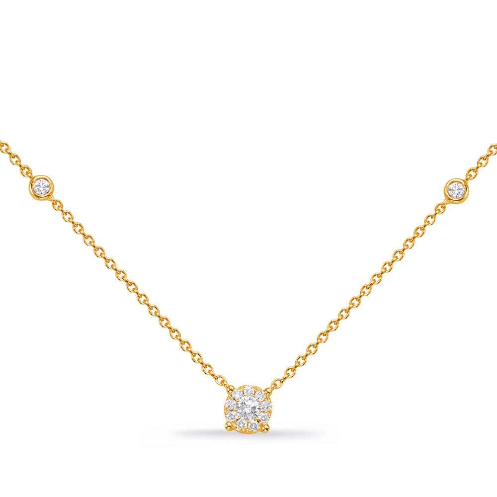 14K Yellow Gold Round Cluster Diamond Pendant on Station Necklace