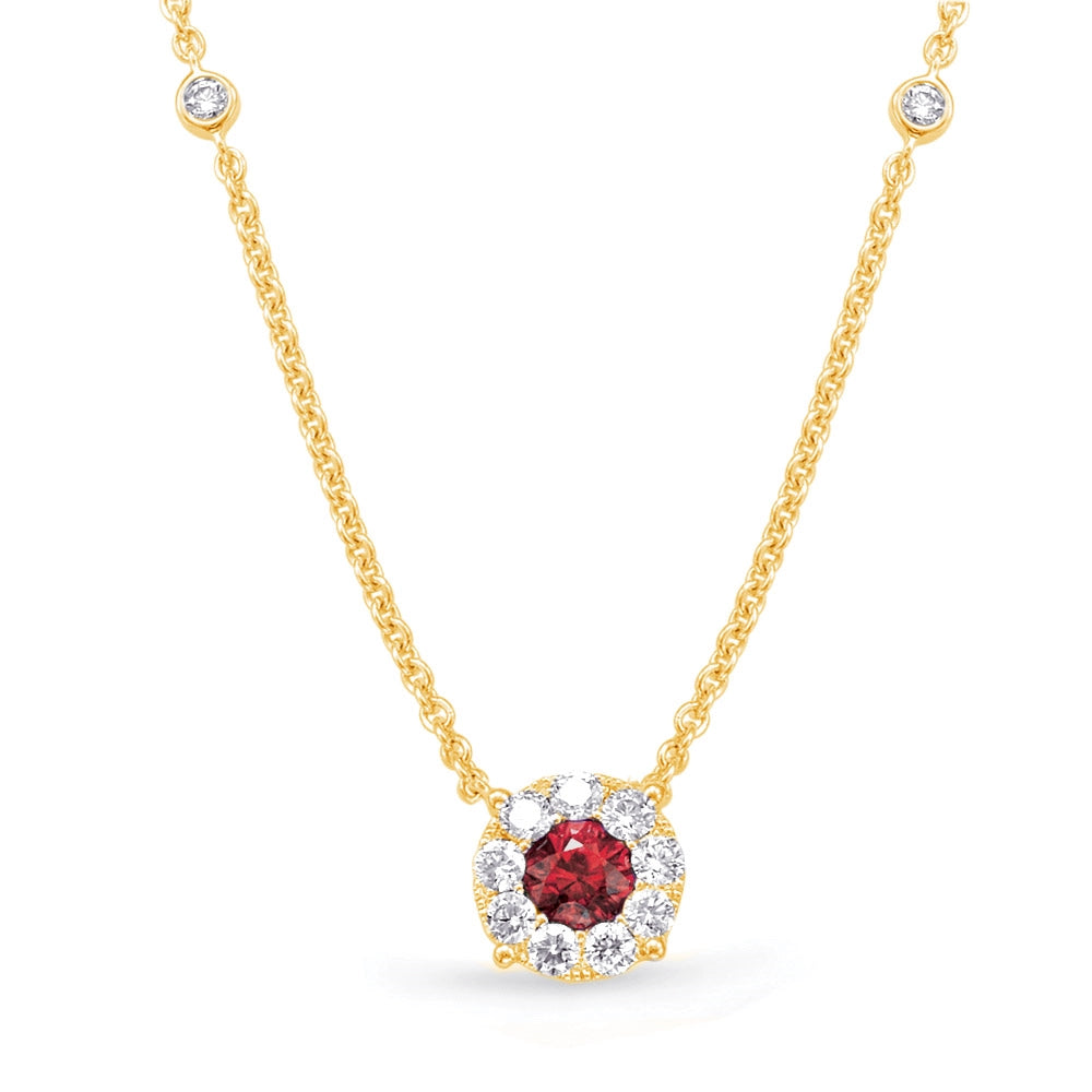 14K Yellow Gold Ruby Pendant with Diamond Halo Necklace