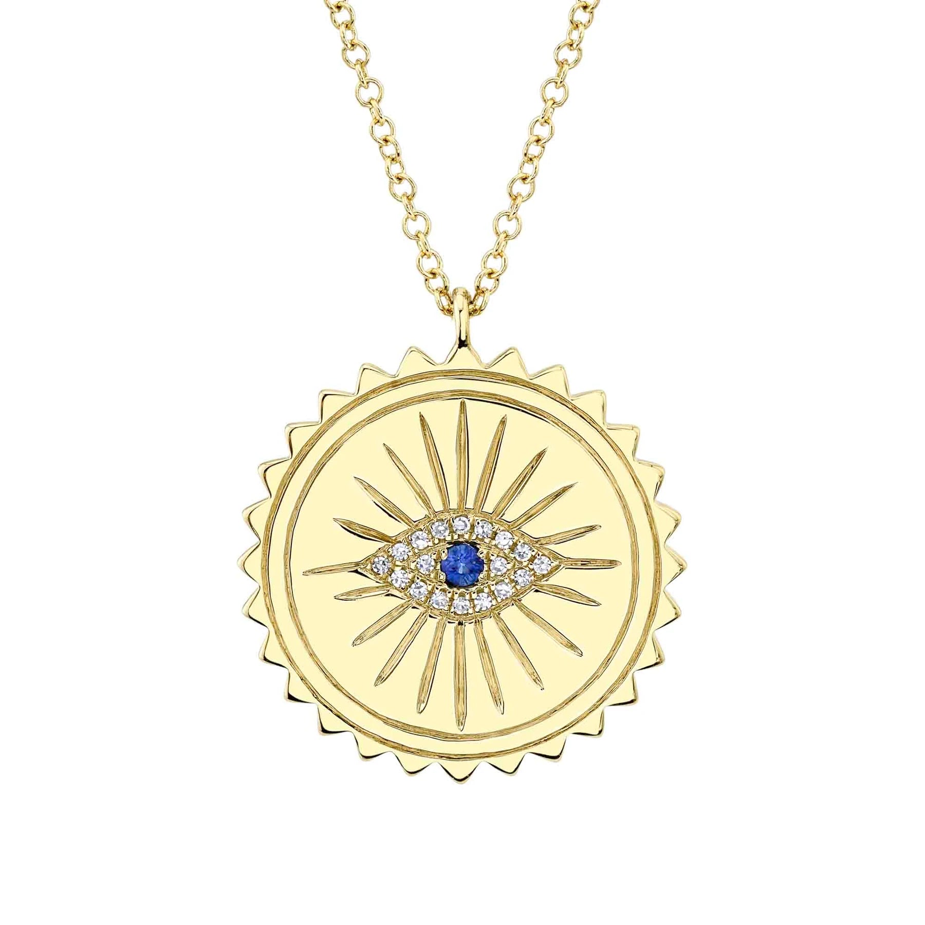 14K Yellow Gold Sapphire & Diamond Evil Eye Medallion Pendant Necklace