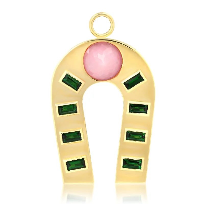 14K Yellow Gold Pink Opal and Tsavorite Horseshoe Charm