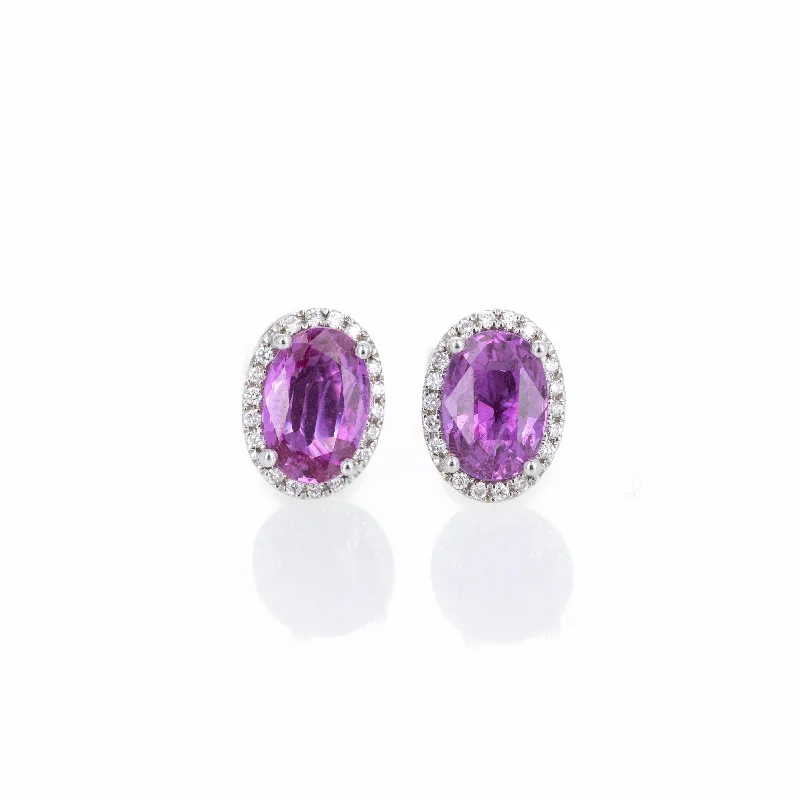 18K White Gold 2.64 Carat Pink Sapphire Diamond Halo Stud Earrings