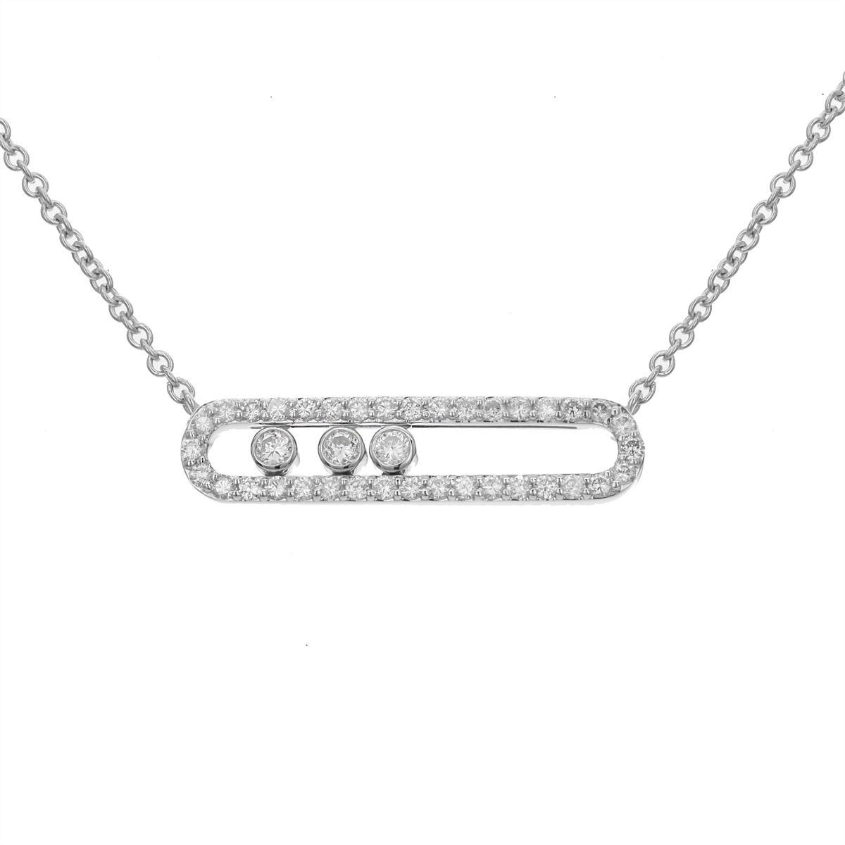 18K White Gold East to West Elongated Oval with Three Moving Diamond Pendant Necklace