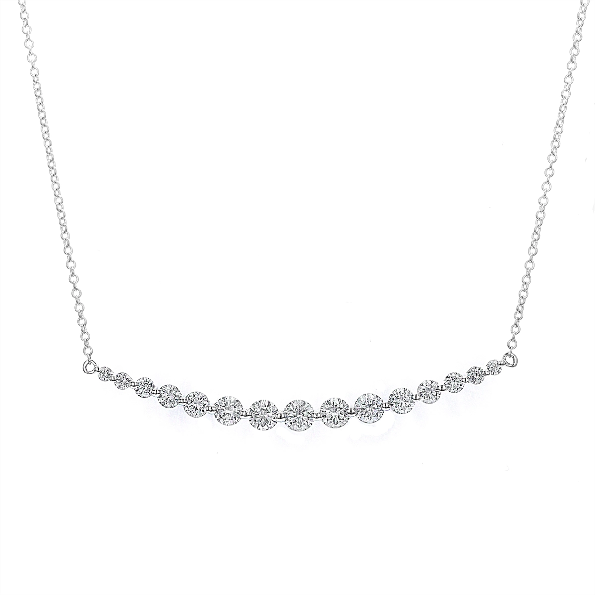 18K White Gold Graduated Diamond Single Shared-Prong Bar Necklace