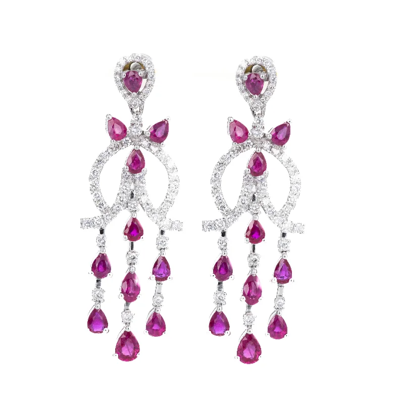 18K White Gold Natural Ruby Diamond Chandelier Drop Earrings