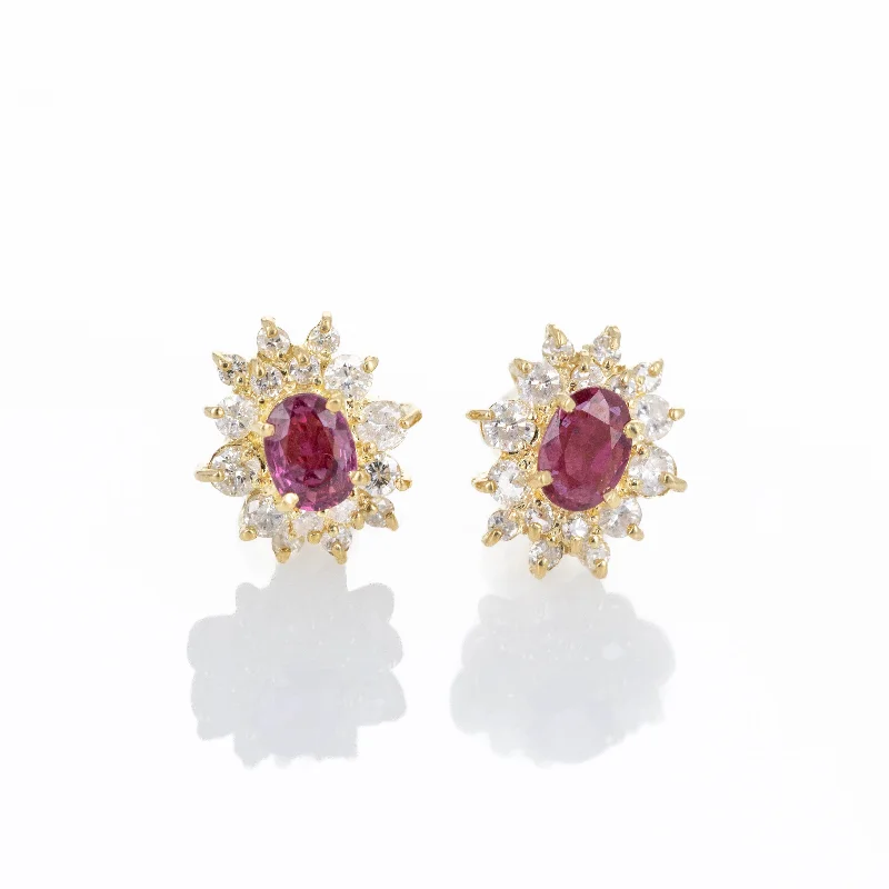 18K Yellow Gold 0.60 Carat Oval Ruby Diamond Halo Stud Earrings