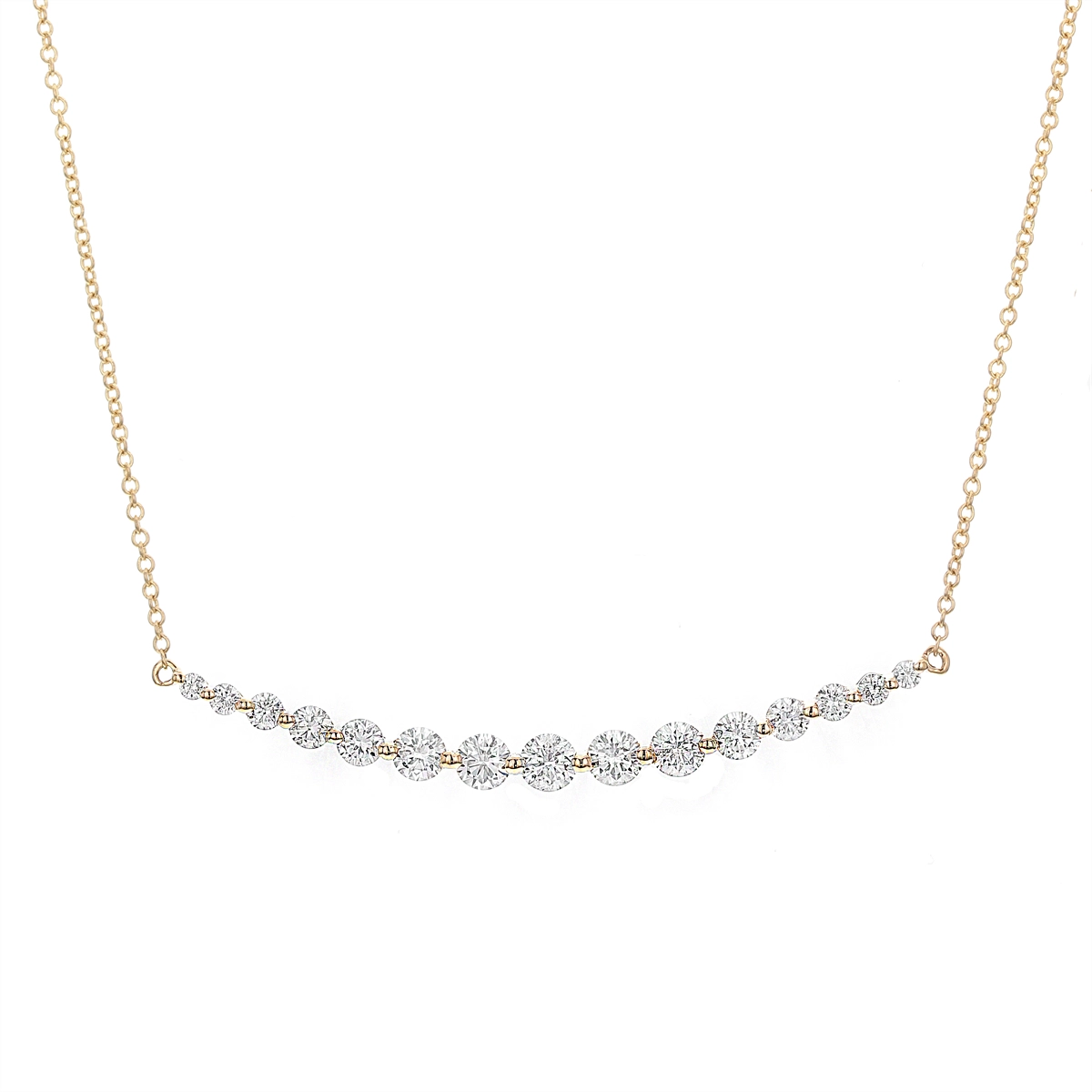 18K Yellow Gold Graduated Diamond Single Shared-Prong Curved Bar Necklace, 18 inch